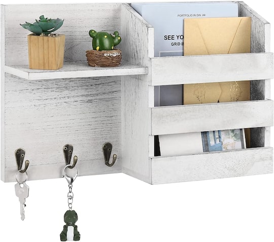 NEX™ Whitewash Vintage Wood Mail Shelf with 3 Key Hooks